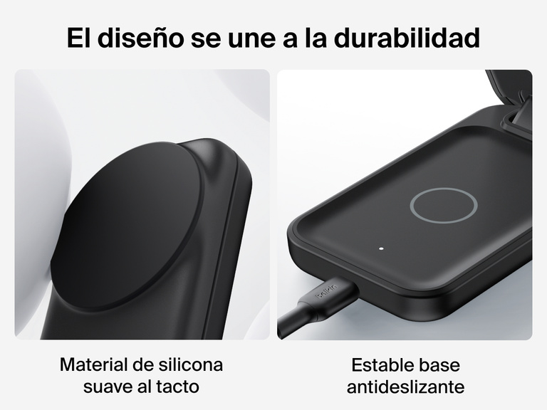 El cargador magnético plegable 3 en 1 con Qi2 25W Belkin UltraCharge incluye material de silicona suave y una base lastrada antideslizante para proporcionar una carga inalámbrica más durable y segura.