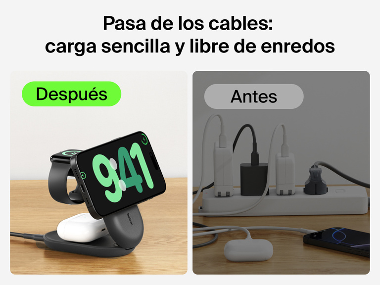 Se muestra el cargador magnético plegable 3 en 1 con Qi2 25W Belkin UltraCharge ofreciendo una carga sin enredos para múltiples dispositivos en oposición a un equipamiento de carga por cable desordenado y farragoso.