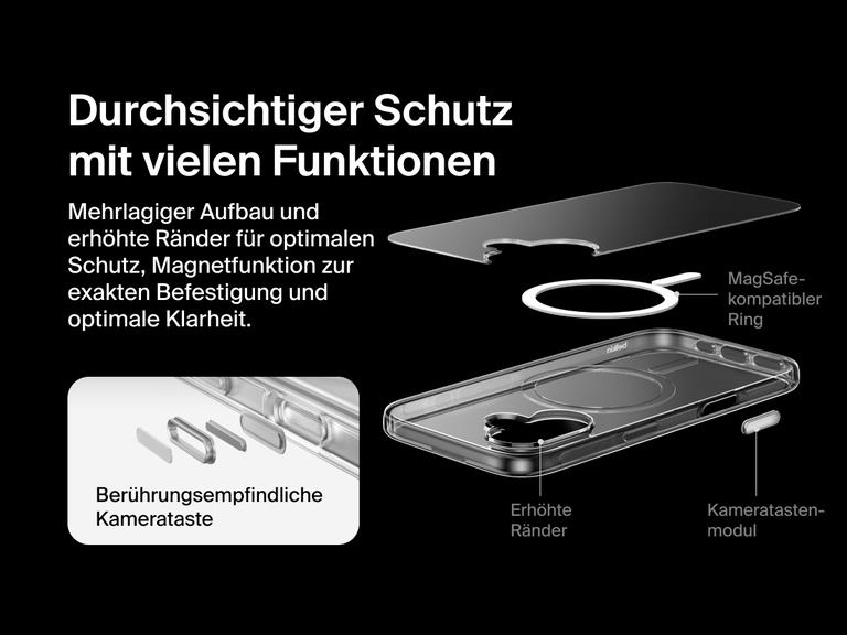 Belkin SheerForce Clear Series Case for iPhone 17 with raised edges, MagSafe-compatible ring, touch-sensitive camera button, and layered clear protection design.