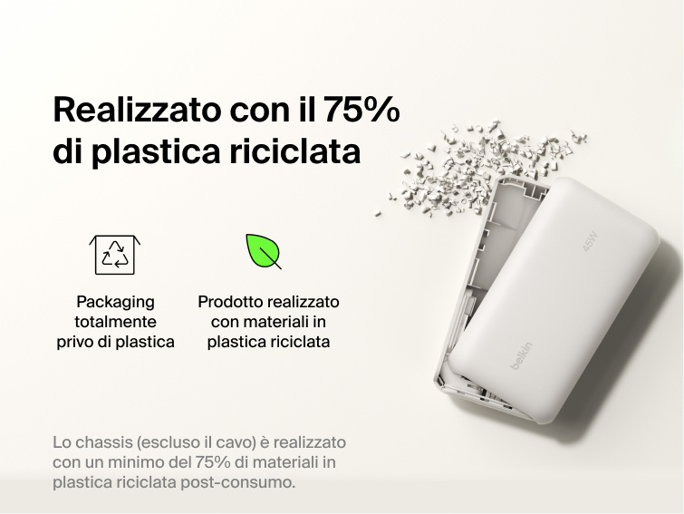 Belkin UltraCharge 10K power bank with integrated USB-C cable and digital display made with 75% recycled plastic and eco-friendly packaging