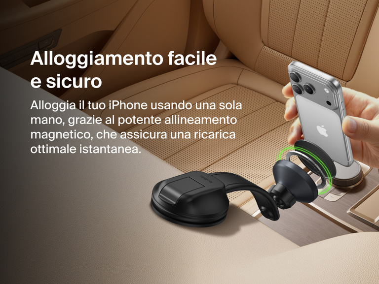 Belkin BoostCharge Magnetic Wireless Charging Car Vent and Dash Mount shown aligning an iPhone with strong magnetic attachment for quick, secure one-handed placement and instant charging.
