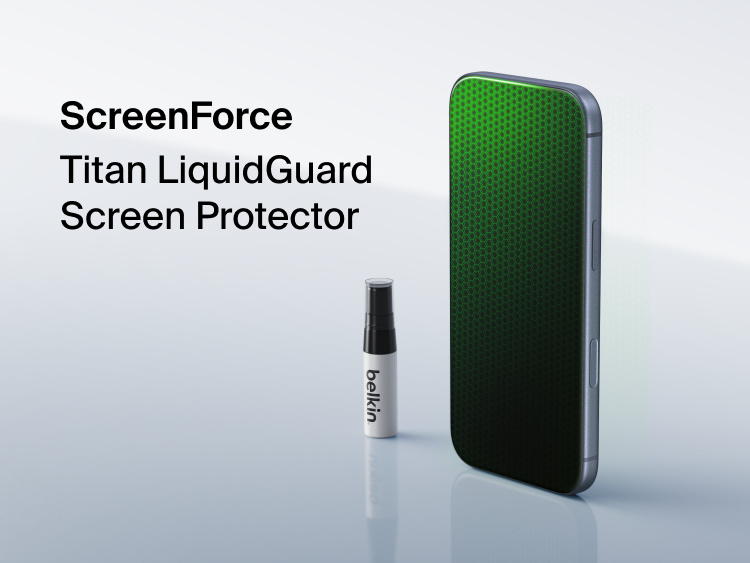 Belkin ScreenForce Titan LiquidGuard Screen Protector application spray bottle beside a smartphone displaying a protective liquid screen coating for enhanced scratch and impact protection.
