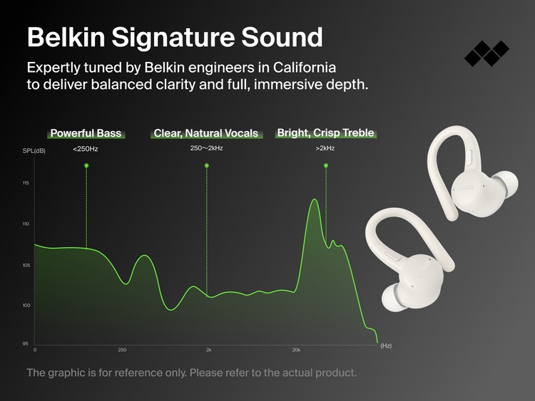Belkin SoundForm ActiveFit Wireless Earbuds engineered in California with signature sound tuning for powerful bass, clear vocals, and crisp treble.