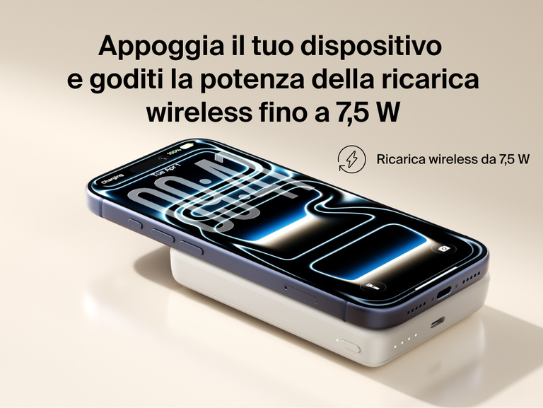 Belkin BoostCharge Slim Magnetic Power Bank 10K magnetically attached to iPhone delivering 7.5W wireless charging in a slim portable design