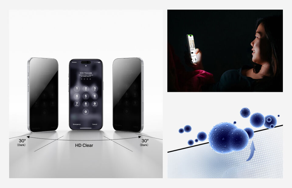 Composite image highlighting features of a smartphone screen protector. Left: three phones show privacy filter effect—center screen is clear while screens viewed at 30° angles appear dark. Top right: woman using a glowing phone in the dark. Bottom right: close-up graphic of blue microbes on a surface, illustrating antimicrobial protection.