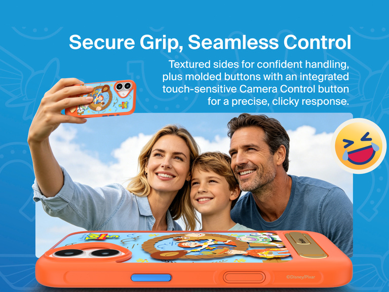 Belkin SheerForce Toy Story 5 Magnetic Protective Case with Kickstand for iPhone featuring textured sides, touch-sensitive Camera Control button, and secure grip.