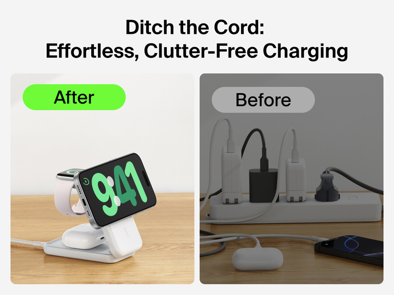 Belkin UltraCharge 3-in-1 Foldable Magnetic Charger with Qi2 25W shown delivering clutter-free charging for multiple devices compared to a tangled wired setup.