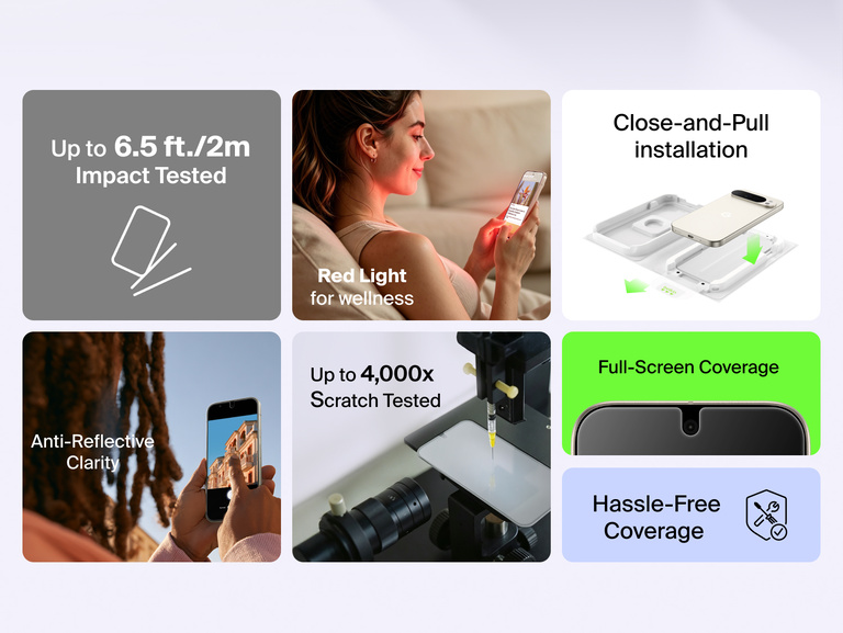 Belkin Titan SmartShield Red Light Screen Protector for Google Pixel 11 highlighting 6.5 ft drop protection, red light technology, 4,000x scratch resistance, anti-reflective clarity, and easy installation.