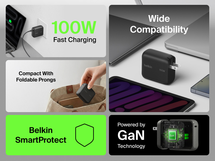 BoostCharge USB-C GaN Wall Charger 100W feature collage highlighting 100W fast charging, wide device compatibility, foldable prongs, Belkin SmartProtect, and GaN technology for compact high-performance charging