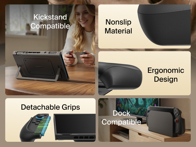 Belkin Gaming Grip for Nintendo Switch 2 with ergonomic detachable grips, dock compatibility, kickstand support, and textured anti-slip design for comfortable gameplay.