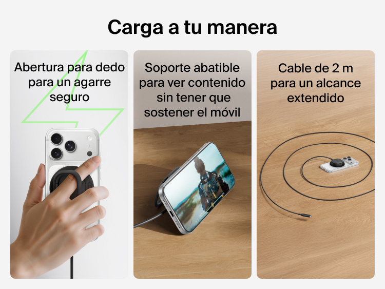 Se muestra las distintas funciones adicionales del cargador magn&eacute;tico con Qi2 de 25 W Belkin UltraCharge, como el soporte vertical con abertura de sujeci&oacute;n de dedo o el cable de 2 incluido, que permiten cargar y usar el m&oacute;vil sin tener que sostenerlo.