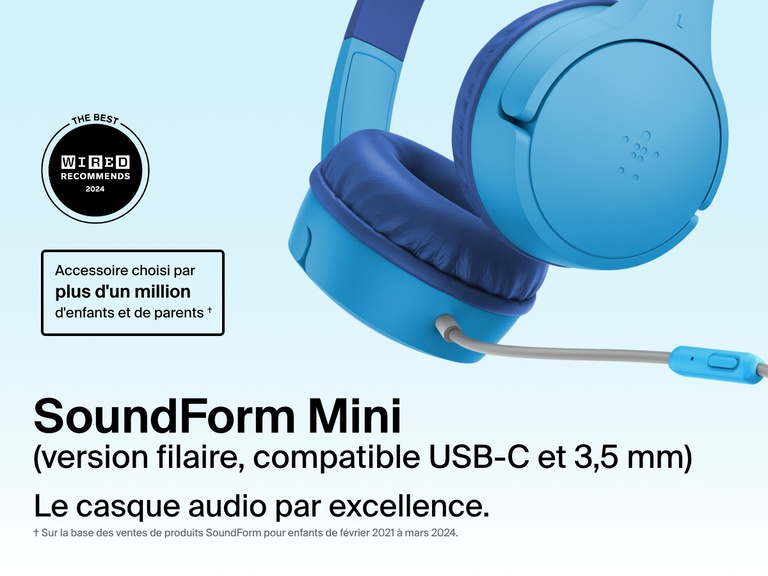 Close-up image of the Belkin SoundForm Mini Wired On-Ear Headphones for Kids, featuring a detachable boom mic and compatibility with USB-C and 3.5mm, promoted as the top choice for over one million kids and parents.