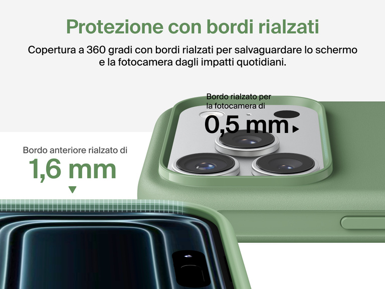 Immagine della custodia Belkin SheerForce Protect Series per iPhone 17 con design dei bordi rialzati e protezione dalle cadute di grado militare (fino a 4 metri).