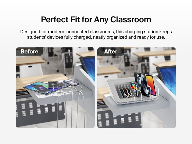 A side-by-side comparison shows a cluttered classroom charging setup labeled "Before" and a tidy, organized solution labeled "After" using the Belkin Store and Charge Station to neatly hold and power multiple devices.