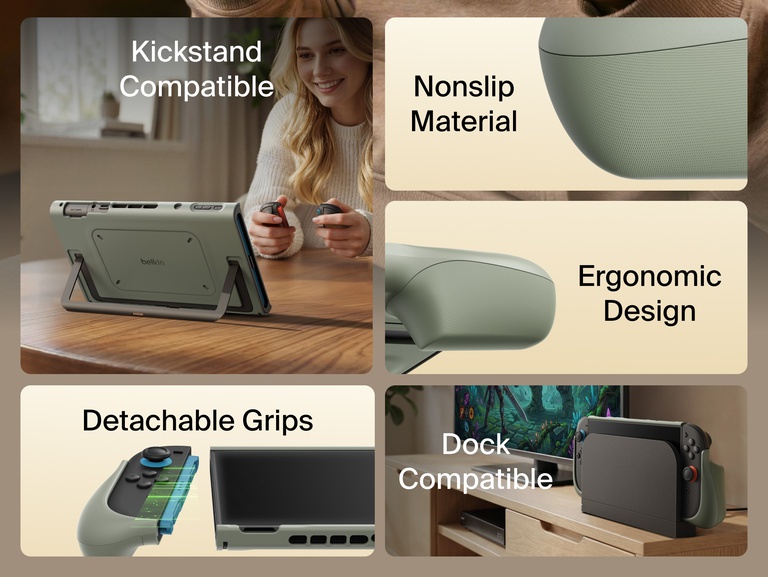 Belkin Gaming Grip for Nintendo Switch 2 with ergonomic detachable grips, dock compatibility, kickstand support, and textured anti-slip design for comfortable gameplay.