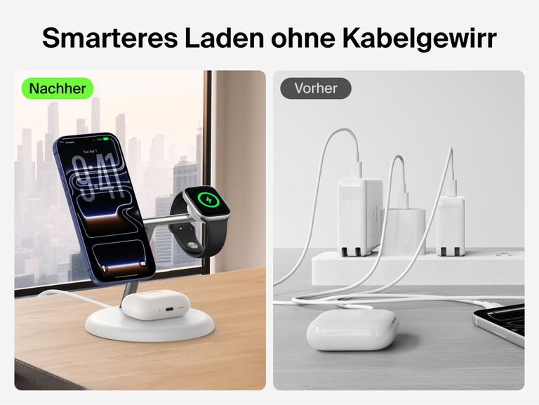 Belkin UltraCharge 3-in-1 Wireless Charging Stand with Qi2 25W reducing cable clutter by charging iPhone, Apple Watch, and AirPods in a clean organized setup compared to traditional wired charging