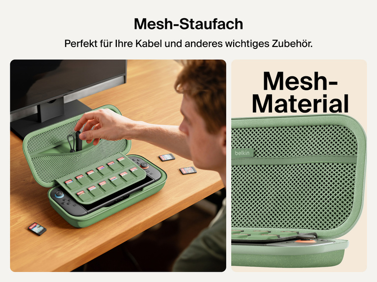 A gamer accesses the mesh utility pocket of the Belkin Gaming Charging Case for Nintendo Switch 2, ideal for storing cables and accessories alongside a 12-slot game card sleeve.