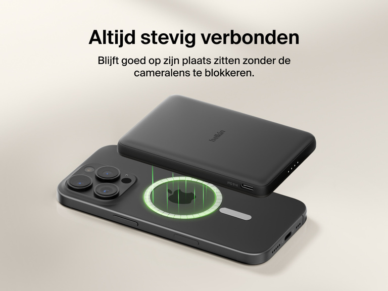 Belkin BoostCharge Slim Magnetic Power Bank 5K shown magnetically aligned between a smartphone and wallet accessory, demonstrating precise magnetic ring for secure attachment and camera-safe design.