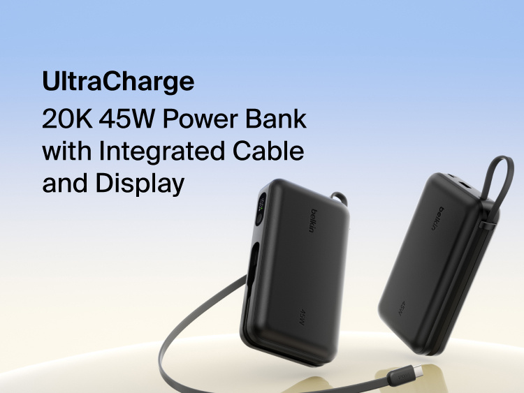 Belkin UltraCharge 20K 45W power bank with integrated USB-C cable and digital display showing portable high-capacity fast charging solution
