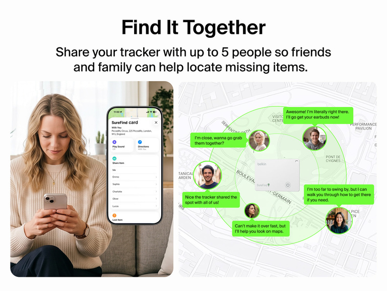 Belkin SureFind Card sharing feature lets up to five friends or family members help locate a missing tracked item using location maps.