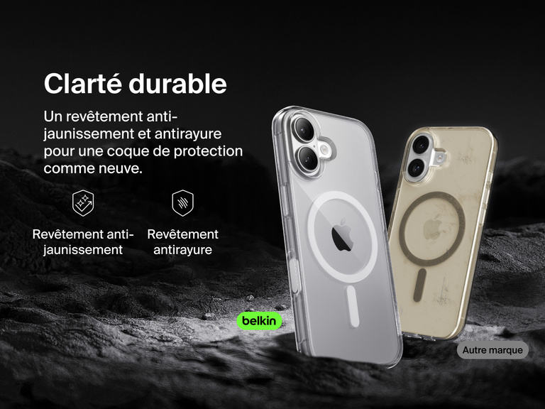 Belkin SheerForce Clear Series Case for iPhone 17 with anti-yellowing and scratch-resistant technology compared to discolored generic case.
