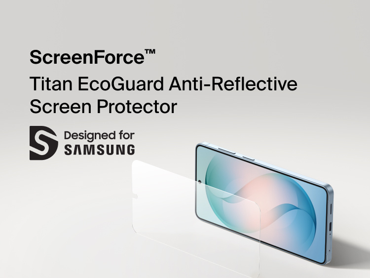 Belkin ScreenForce Titan EcoGuard Anti-Reflective Screen Protector for Samsung Galaxy S26 shown applied to a smartphone display, designed to reduce glare, resist scratches, and provide durable everyday screen protection.