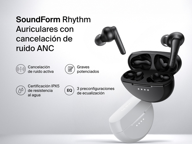 Imagen de los auriculares con cancelación de ruido ANC Belkin SoundForm Rhythm en dos colores. negro y blanco, con estuches de carga, función de cancelación activa de ruido, graves potenciados, grado IPX5 de resistencia al agua y 3 preconfiguraciones de ecualización.
