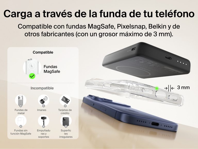 Slim Magnetic Power Bank 10K with Qi2 positioned above smartphone with case showing compatibility and magnetic attachment spacing