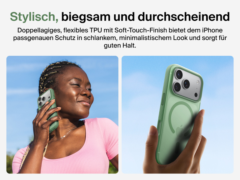 Belkin SheerForce Grip Series Case for iPhone 17 with slim translucent design and soft-touch finish for a comfortable grip.