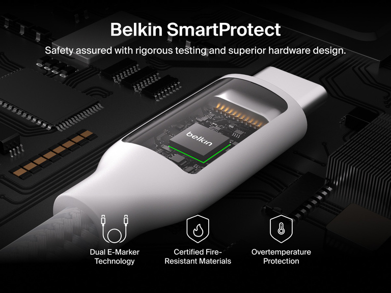 Belkin BoostCharge Pro Magnetic USB-C Cable 240W featuring SmartProtect safety with dual E-Marker technology, fire-resistant materials, and overtemperature protection.