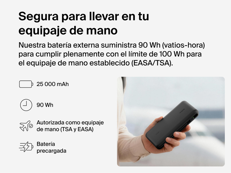 Belkin UltraCharge Pro Laptop Power Bank 25K handheld portable charger with 25,000 mAh capacity and 90Wh TSA carry-on compliant battery for travel