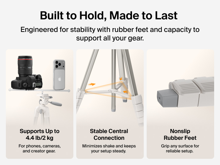 A product feature graphic showcases the durability and stability of the Belkin Stage Tripod. Three panels show: a DSLR camera and smartphone mounted on the tripod, illustrating its ability to support up to 4.4 lb (2 kg); a close-up of the tripod&rsquo;s central connection with arrows emphasizing its stability and shake reduction; and a close-up of nonslip rubber feet designed to grip surfaces securely. Text highlights the tripod&rsquo;s strong build and reliable performance.