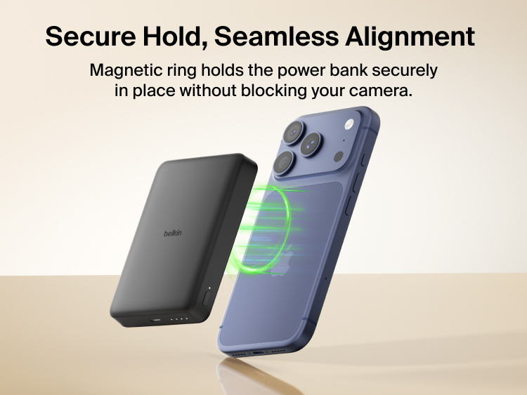 Belkin BoostCharge Slim Magnetic Power Bank 10K magnetically aligning to a smartphone for secure hold and wireless charging without blocking the camera