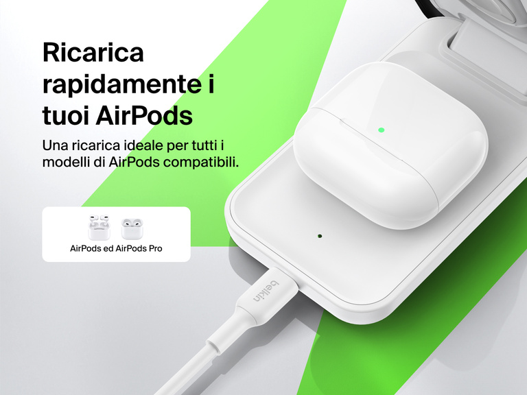 Il caricabatteria magnetico pieghevole 3 in 1 con Qi2 da 25 W Belkin UltraCharge offre una ricarica wireless ottimale per AirPods ed AirPods Pro compatibili.