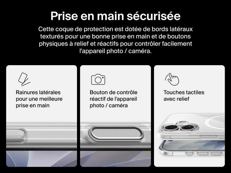 Belkin SheerForce Clear Series Case for iPhone 17 with grooved edges, tactile molded controls, and touch-sensitive camera button for secure grip and seamless control.