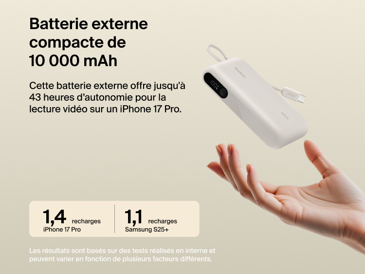 Belkin UltraCharge 10K power bank with integrated USB-C cable and digital display, delivering up to 45W fast charging and extended battery life for smartphones