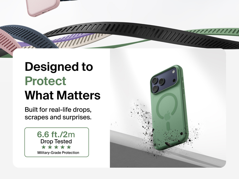 Belkin SheerForce Grip Series Case for iPhone 17 shown with textured grip and impact protection against drops.