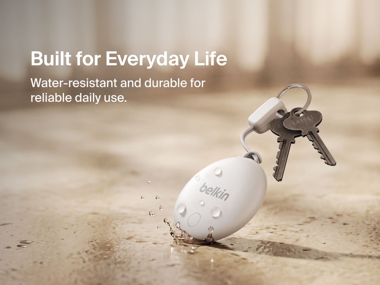 Water-resistant Belkin SureFind Spot attached to keys is built for durable, reliable everyday item tracking.