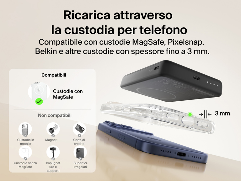 Slim Magnetic Power Bank 10K with Qi2 positioned above smartphone with case showing compatibility and magnetic attachment spacing