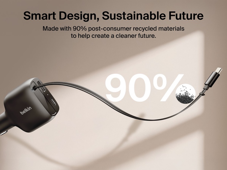 Image of the Belkin BoostCharge Retractable Car Charger 75W featuring a USB-C cable and made with 90% post-consumer recycled materials.