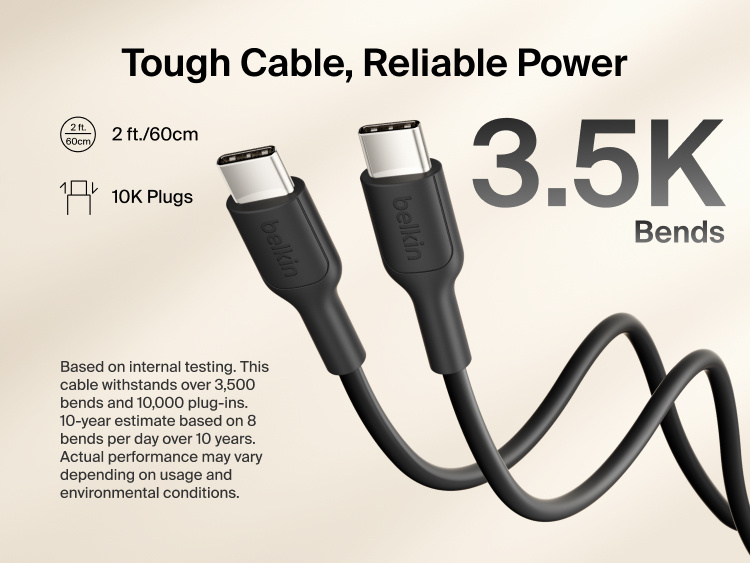 Belkin BoostCharge Slim Magnetic Power Bank 10K with included USB-C to USB-C cable highlighting durable design tested for 3,500 bends and 10,000 plug-ins