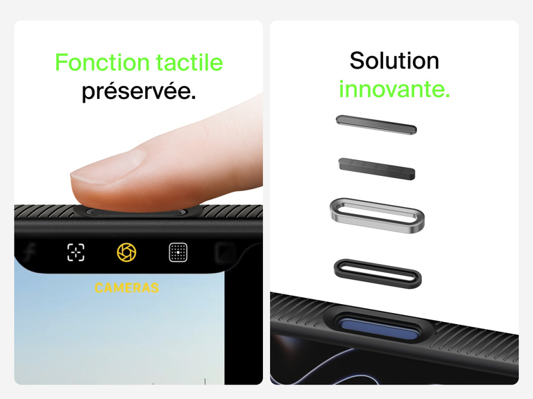 Belkin SheerForce Grip Series Case for iPhone 17 with MagSafe ring, raised edges, and floating tinted buttons for precision protection.