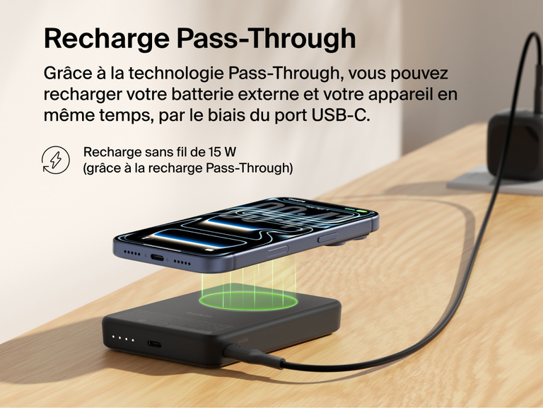 Slim Magnetic Power Bank 10K with Qi2 wirelessly charging smartphone while recharging via USB-C pass-through connection