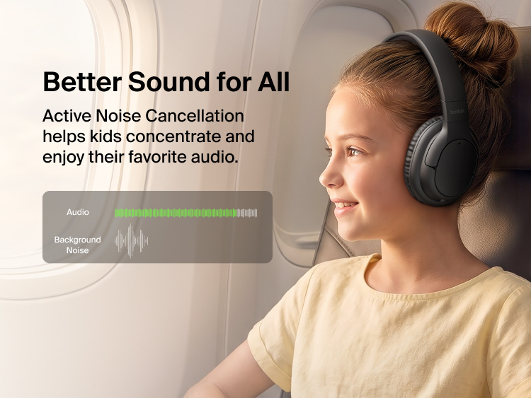 Child wearing SoundForm Play Active Noise Cancelling Headphones for Kids on a plane, illustrating how active noise cancellation reduces background noise so kids can focus on their audio