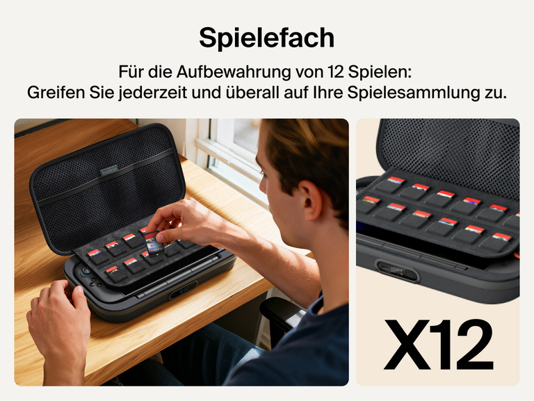 Belkin Gaming Charging Case Pro for Nintendo Switch 2 shown with integrated game card sleeve holding up to 12 cartridges for organized portable storage.