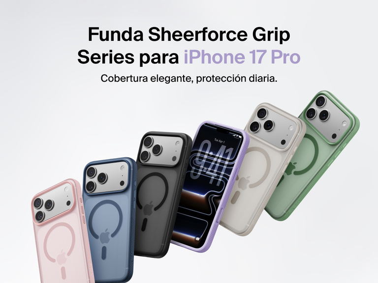 Belkin SheerForce Grip Series protective case for iPhone 17 shown in pink, clear, and black with slim design and MagSafe compatibility.