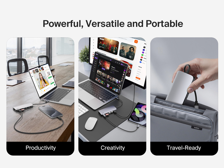 A three-panel image showcases the Belkin Connect USB-C 6-in-1 Multiport Hub in different scenarios, emphasizing its versatility for productivity, creativity, and travel-readiness with a sleek, portable design.