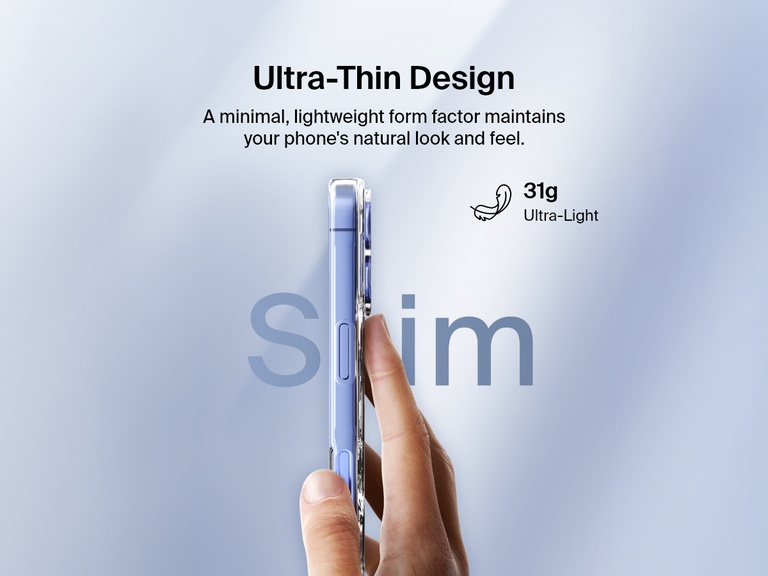 A promotional image showcasing the ultra-thin design of the SheerForce™ Magnetic iPhone Case. A hand holds the slim, lightweight case, emphasizing its minimalist form factor that maintains the phone’s natural look and feel. The text highlights the 31g ultra-light weight, ensuring a comfortable and sleek user experience.