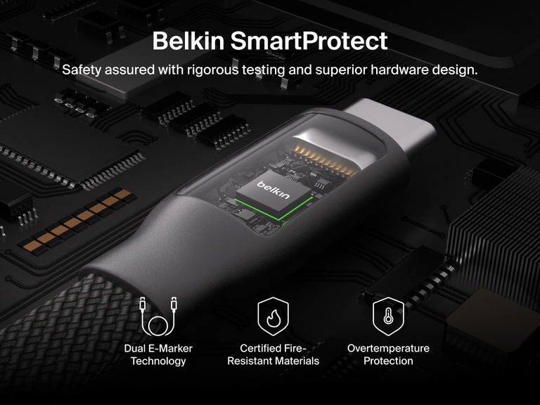 Belkin BoostCharge Pro Magnetic USB-C Cable 240W featuring SmartProtect safety with dual E-Marker technology, fire-resistant materials, and overtemperature protection.