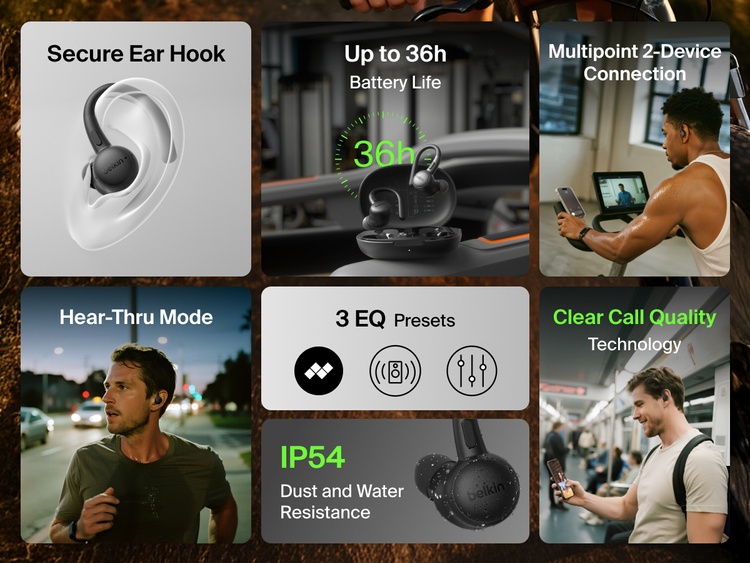 Belkin SoundForm ActiveFit Wireless Earbuds with up to 36h battery life, secure ear hook, IP54 dust and water resistance, Hear-Thru mode, multipoint connection, 3 EQ presets, and clear call quality.